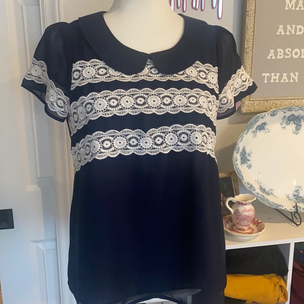 Navy Blue Lace Peter Pan Collar Blouse